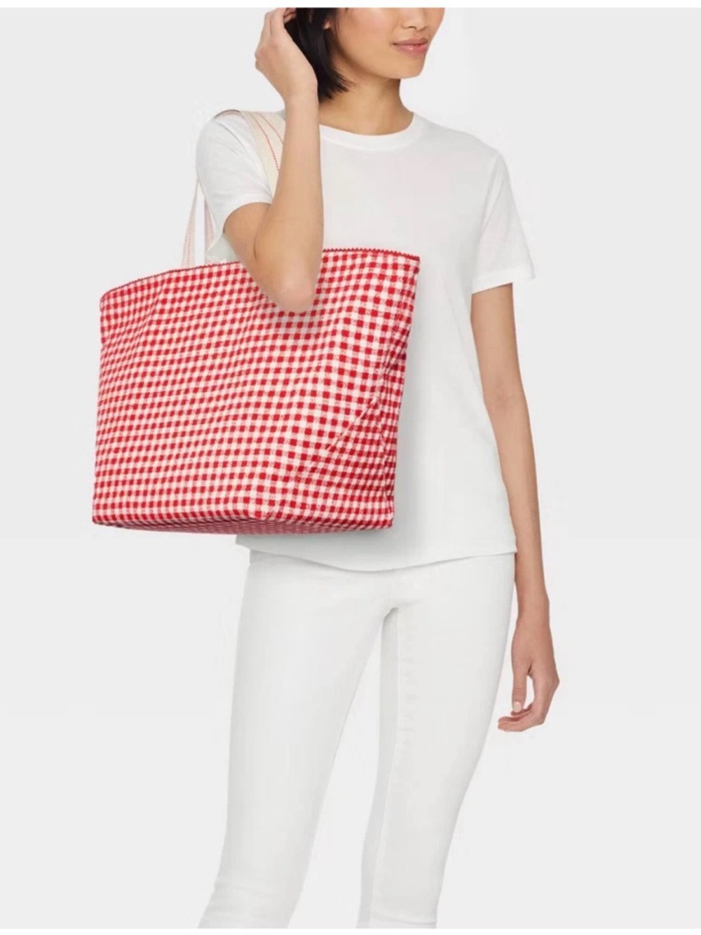 Spacious Reversible Canvas Tote Handbag -  Red & Navy Gingham - Picture 11 of 14